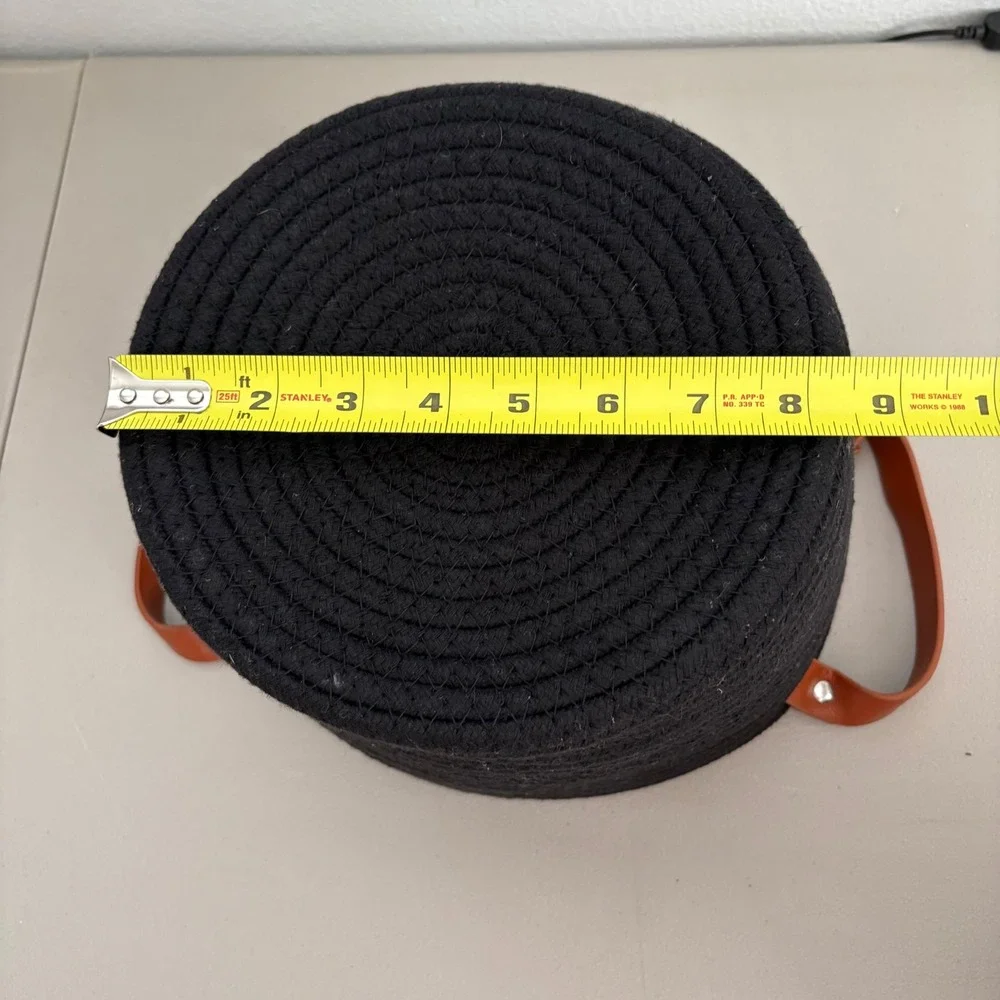 Set of 2 Black Woven Cotton Rope Baskets with Leather Handles Nested Storage